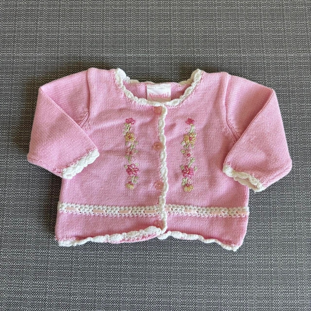 Nannette Pink baby floral embroidered cardigan with white lace trim.